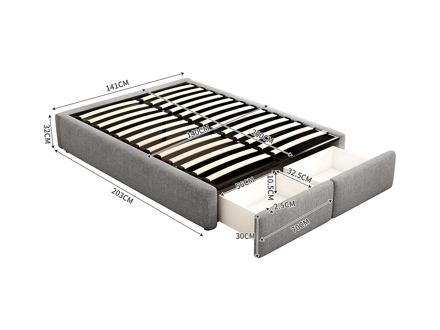 Lit double 140x200 cm, lit rembourré plateforme sans tête de lit, avec rangement hydraulique et 2 tiroirs, Gris