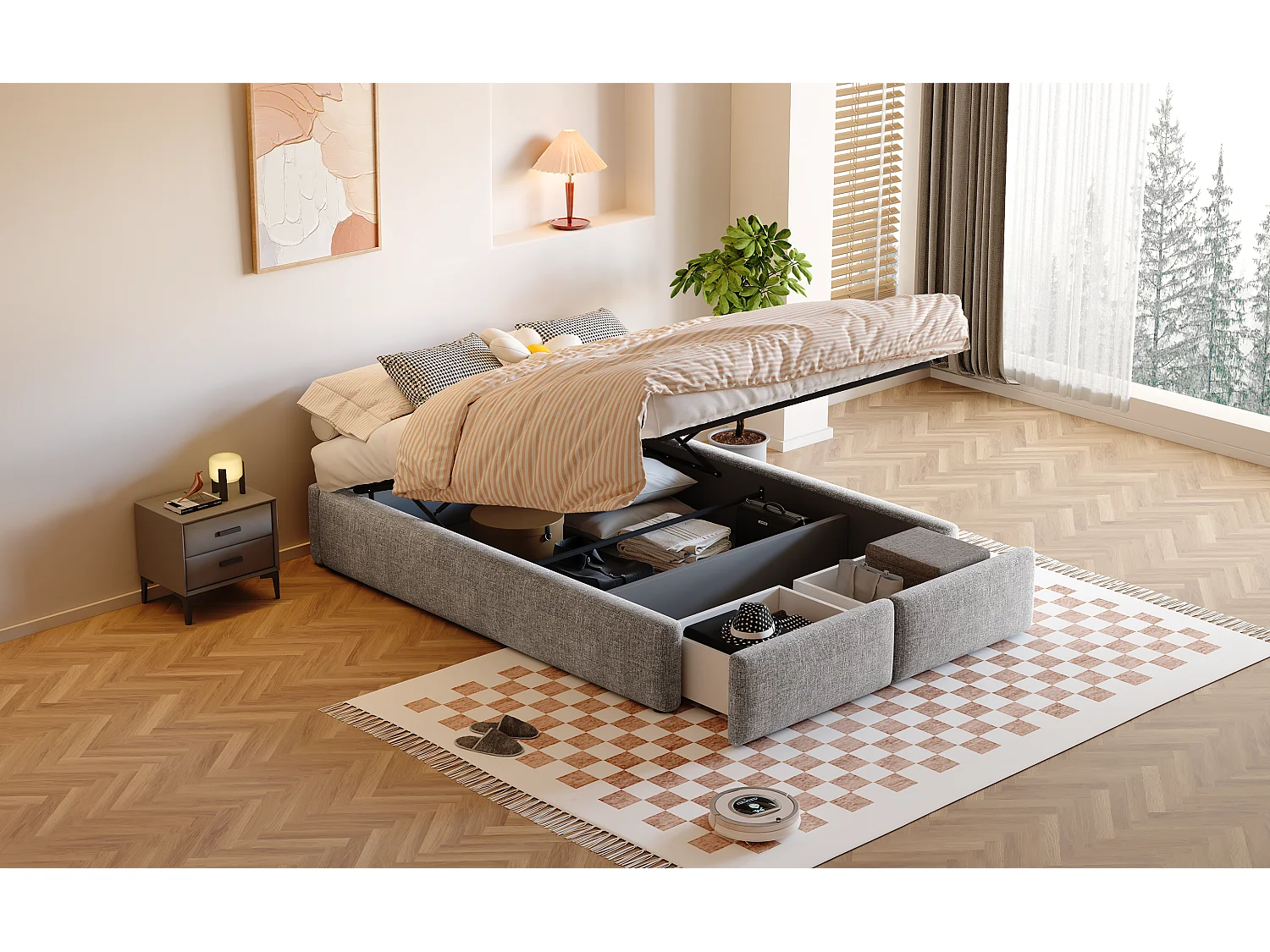 Lit double 140x200 cm, lit rembourré plateforme sans tête de lit, avec rangement hydraulique et 2 tiroirs, Gris