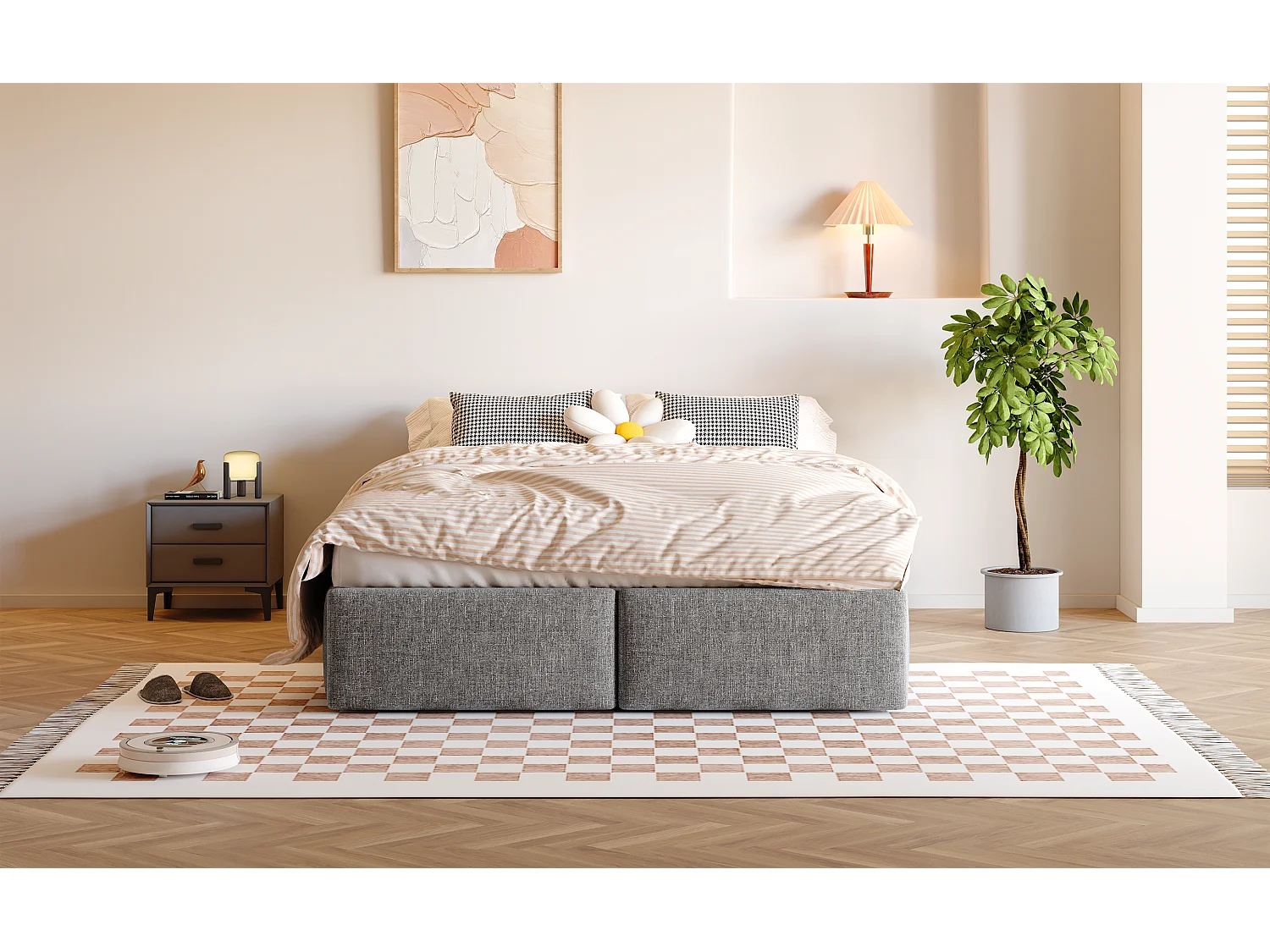 Lit double 140x200 cm, lit rembourré plateforme sans tête de lit, avec rangement hydraulique et 2 tiroirs, Gris