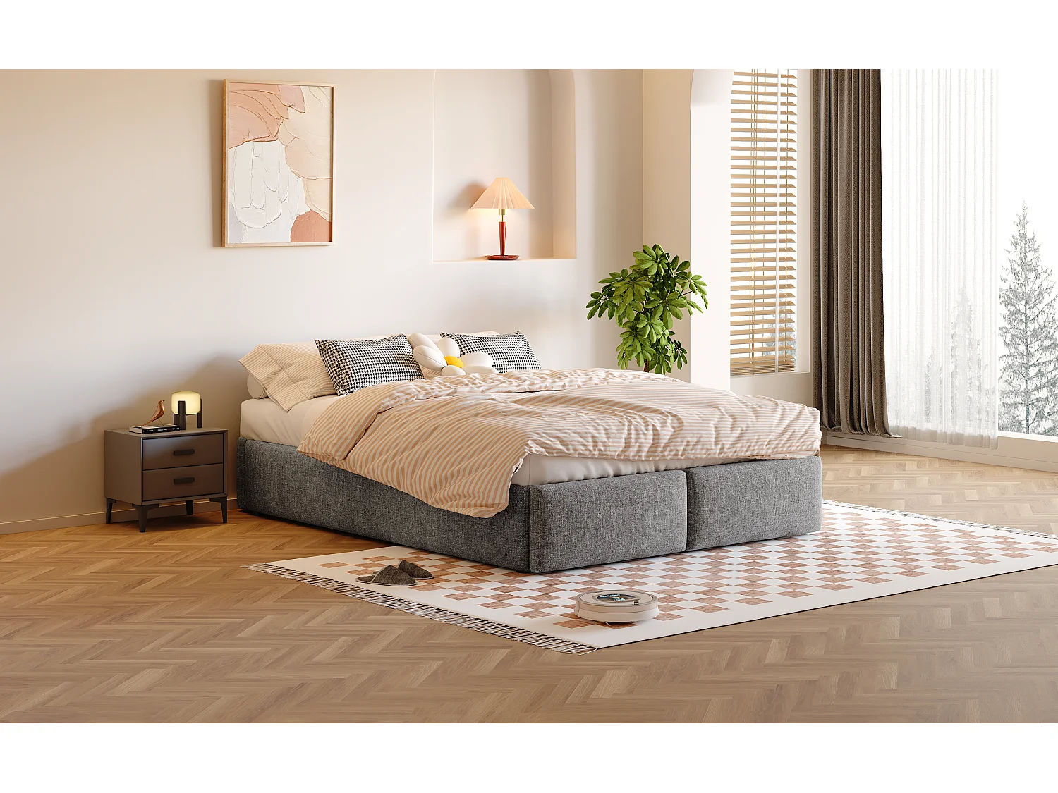 Lit double 140x200 cm, lit rembourré plateforme sans tête de lit, avec rangement hydraulique et 2 tiroirs, Gris
