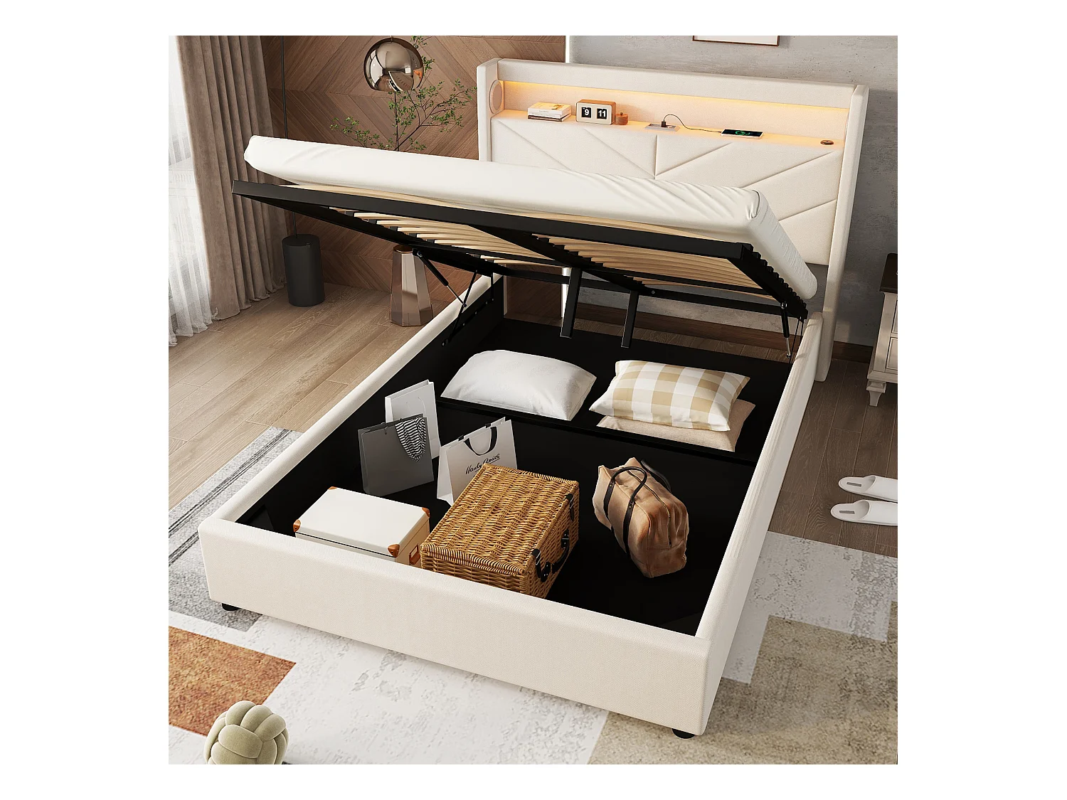 Lit double 140x190 cm, sans matelas, lit rembourré avec hydrau, LED télécommandée, USB et enceinte, Lin Beige