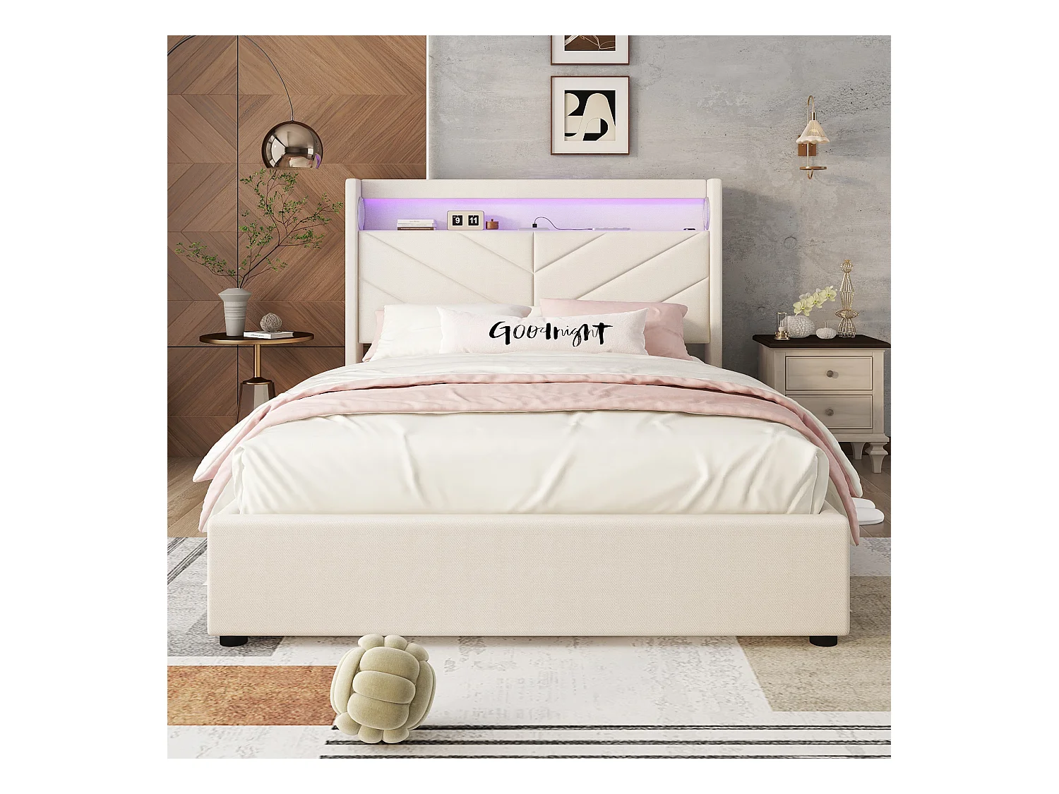 Lit double 140x190 cm, sans matelas, lit rembourré avec hydrau, LED télécommandée, USB et enceinte, Lin Beige