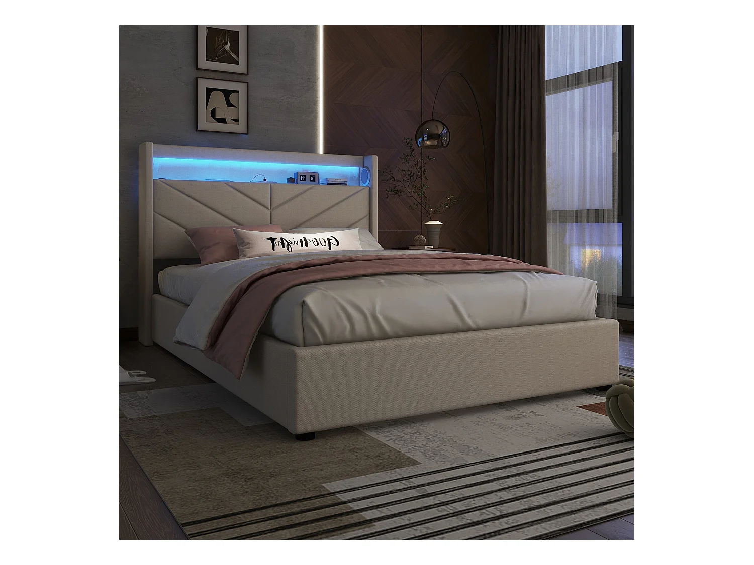 Lit double 140x190 cm, sans matelas, lit rembourré avec hydrau, LED télécommandée, USB et enceinte, Lin Beige