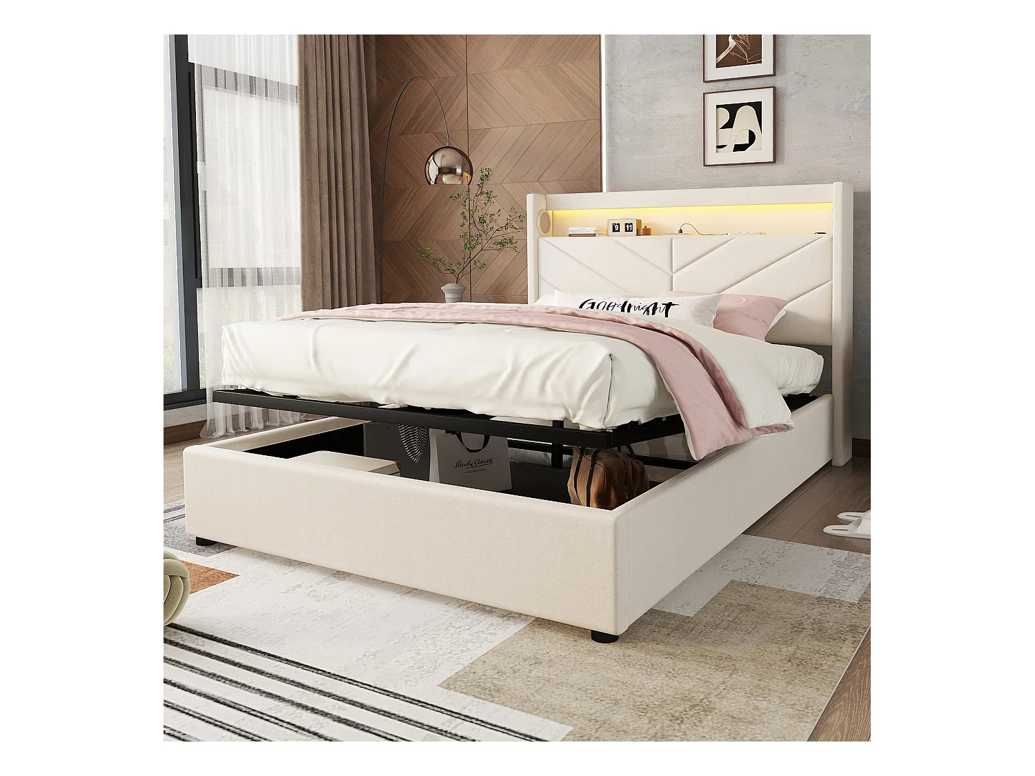 Lit double 140x190 cm, sans matelas, lit rembourré avec hydrau, LED télécommandée, USB et enceinte, Lin Beige