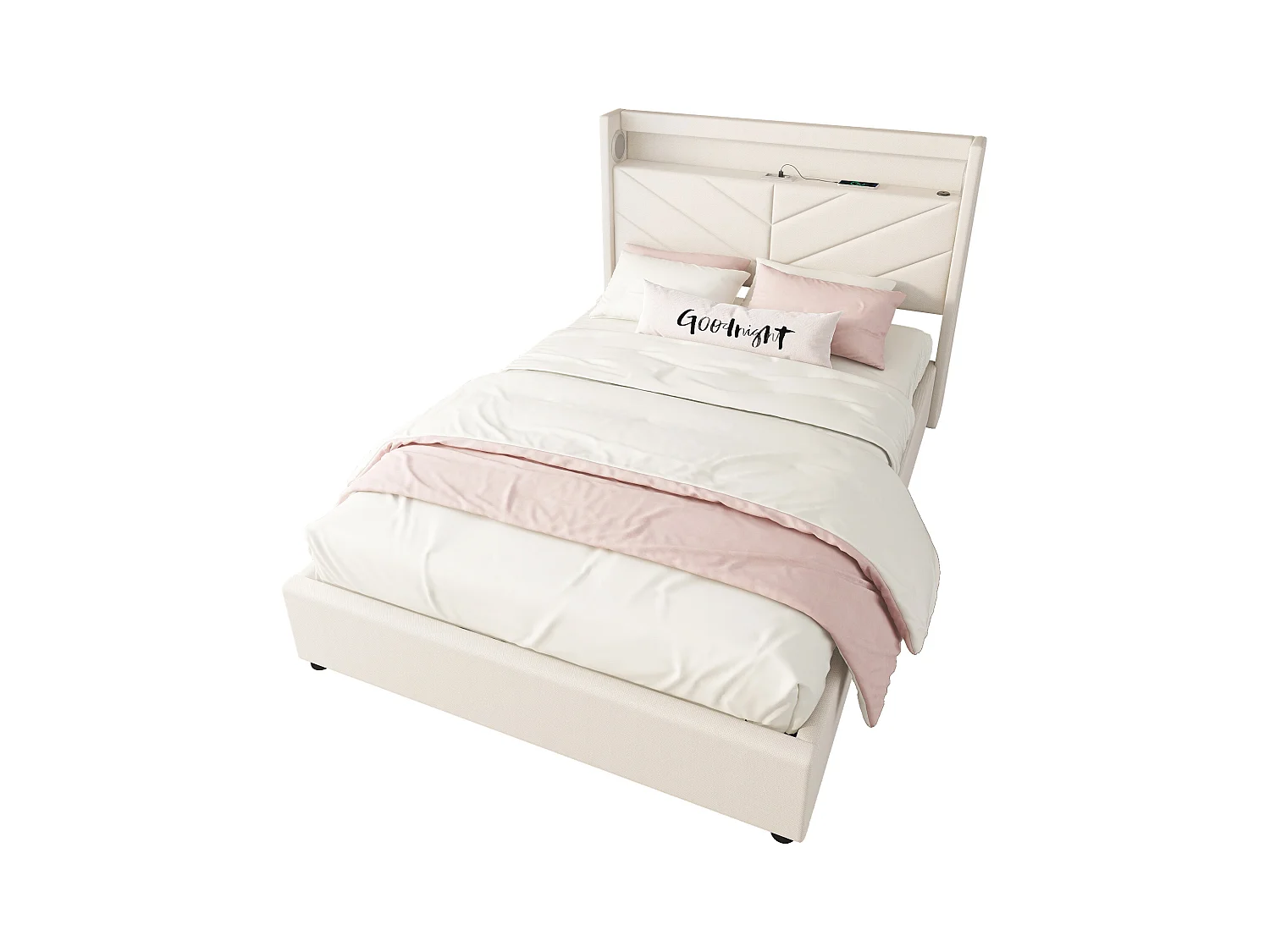 Lit double 140x190 cm, sans matelas, lit rembourré avec hydrau, LED télécommandée, USB et enceinte, Lin Beige