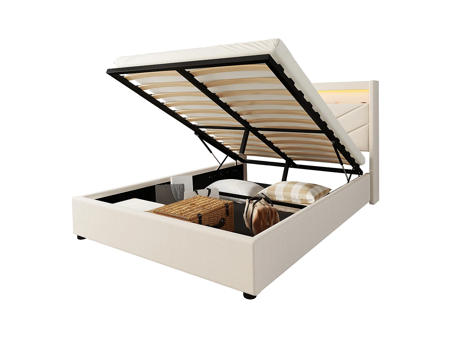 Lit double 140x190 cm, sans matelas, lit rembourré avec hydrau, LED télécommandée, USB et enceinte, Lin Beige
