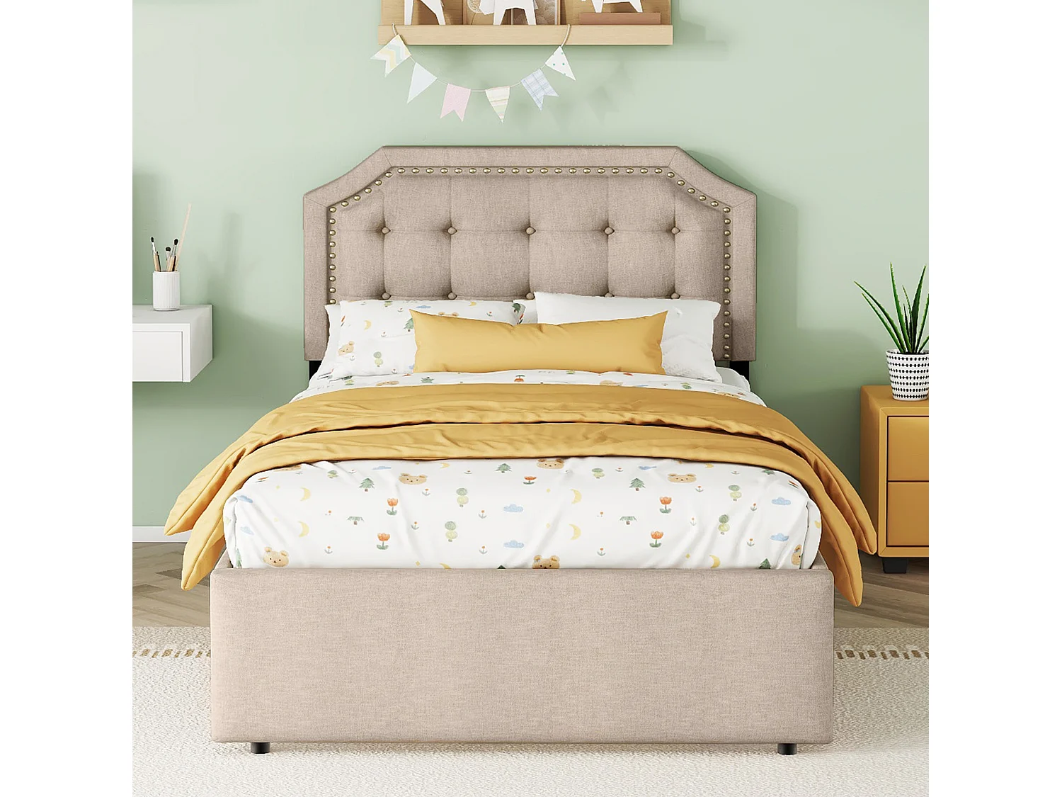 Lit rembourré 90x200 cm beige foncé avec tête de lit décorative à clous, deux tiroirs, look élégant et pratique