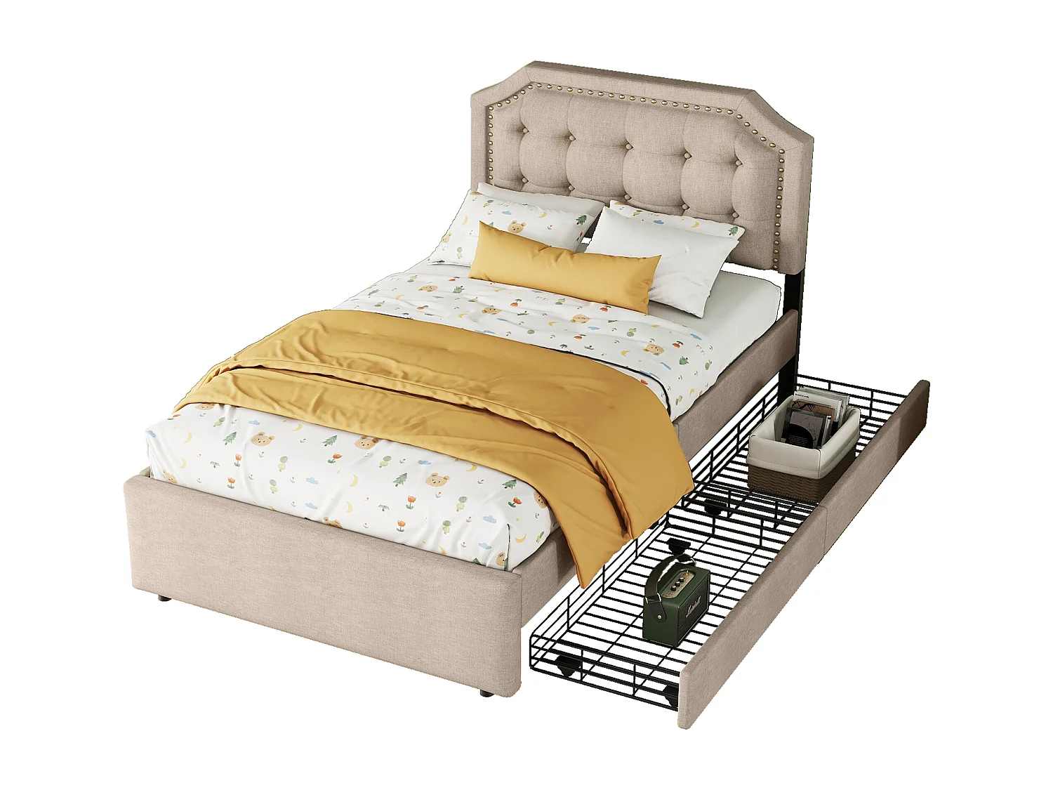 Lit rembourré 90x200 cm beige foncé avec tête de lit décorative à clous, deux tiroirs, look élégant et pratique