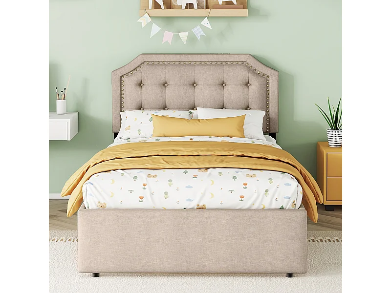 Lit rembourré 90x200 cm beige foncé avec tête de lit décorative à clous, deux tiroirs, look élégant et pratique