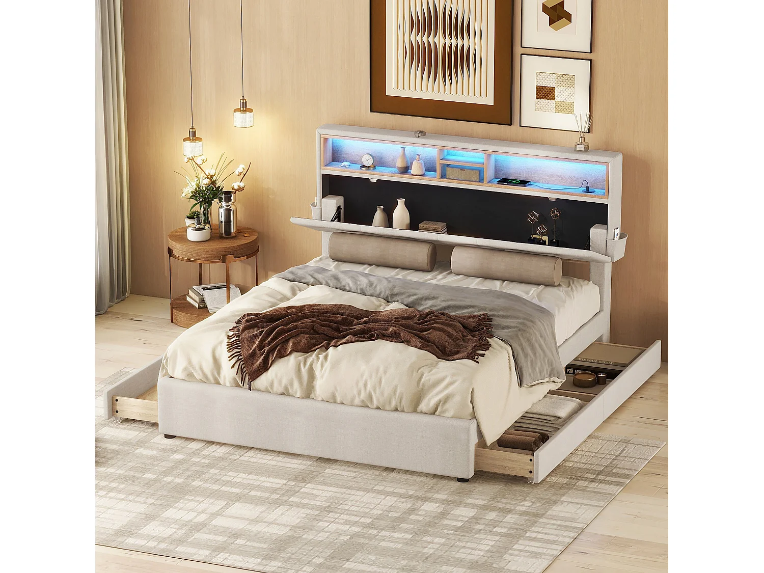 Lit double capitonné 140x200 cm beige avec LED, ports USB, tête réglable et quatre tiroirs de rangement intégrés