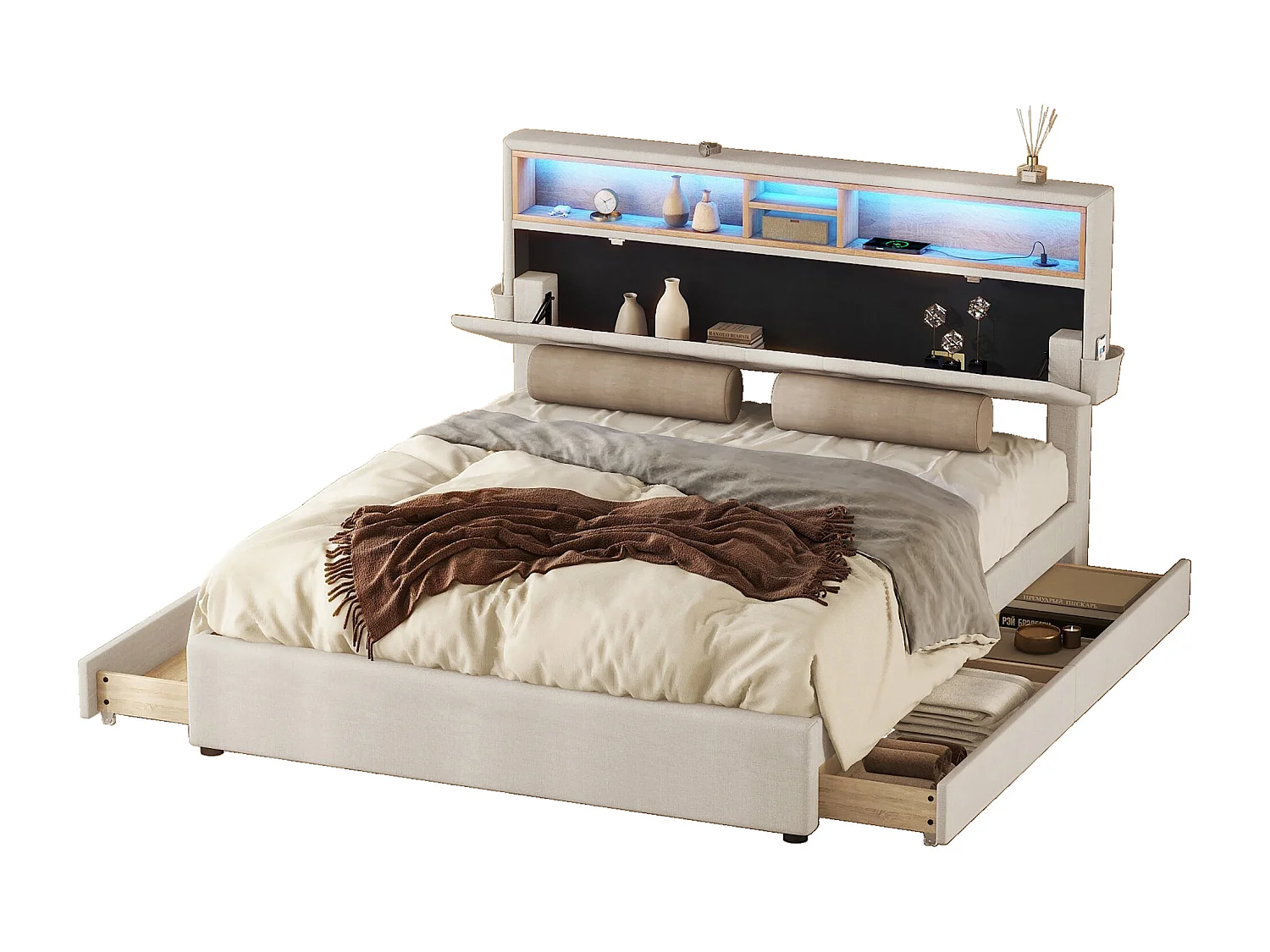 Lit double capitonné 140x200 cm beige avec LED, ports USB, tête réglable et quatre tiroirs de rangement intégrés