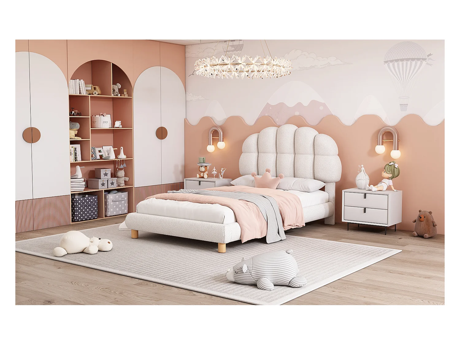 Lit rembourré enfant 90x200 cm blanc en tissu doux imitation laine, sommier à lattes, style moderne et confortable