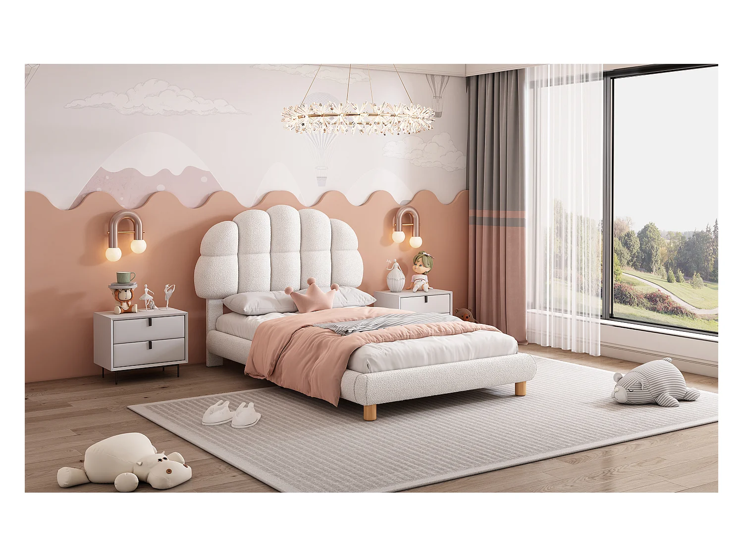 Lit rembourré enfant 90x200 cm blanc en tissu doux imitation laine, sommier à lattes, style moderne et confortable