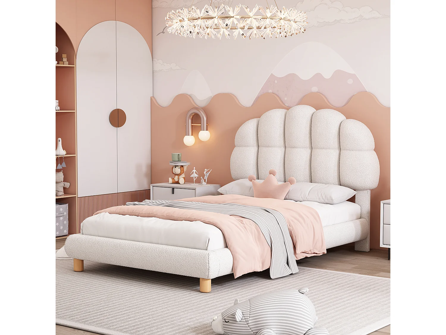 Lit rembourré enfant 90x200 cm blanc en tissu doux imitation laine, sommier à lattes, style moderne et confortable