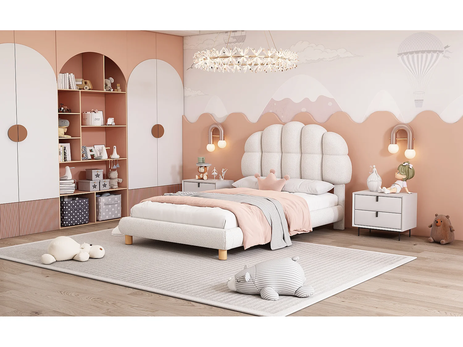 Lit rembourré enfant 90x200 cm blanc en tissu doux imitation laine, sommier à lattes, style moderne et confortable