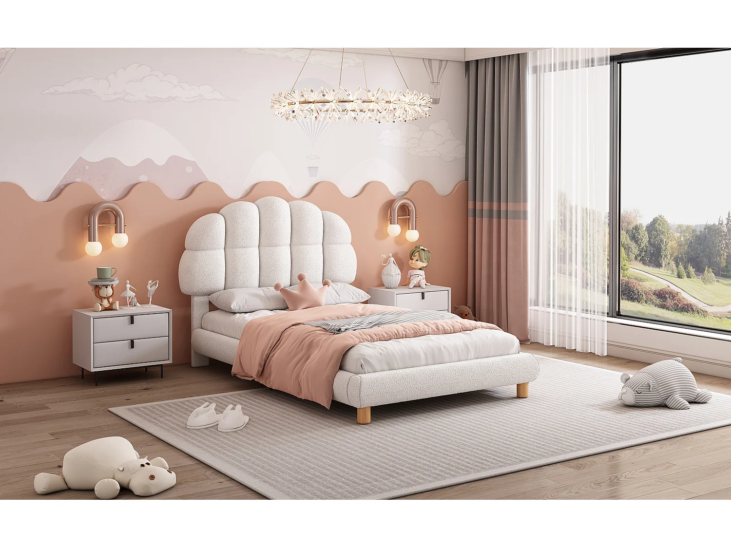 Lit rembourré enfant 90x200 cm blanc en tissu doux imitation laine, sommier à lattes, style moderne et confortable