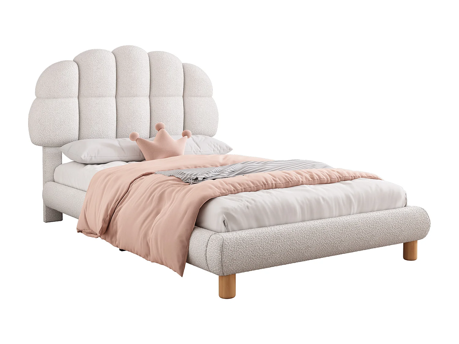 Lit rembourré enfant 90x200 cm blanc en tissu doux imitation laine, sommier à lattes, style moderne et confortable