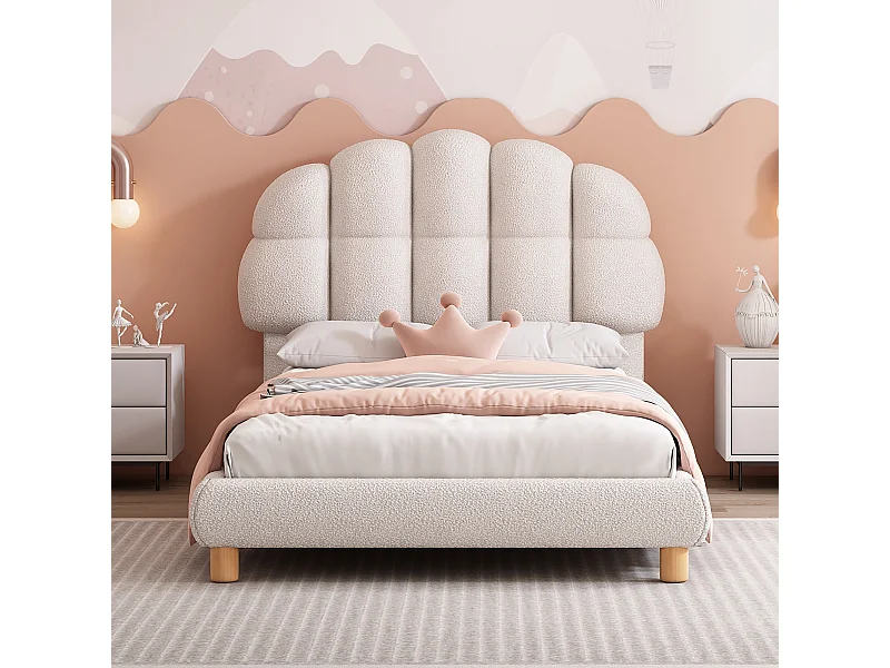 Lit rembourré enfant 90x200 cm blanc en tissu doux imitation laine, sommier à lattes, style moderne et confortable