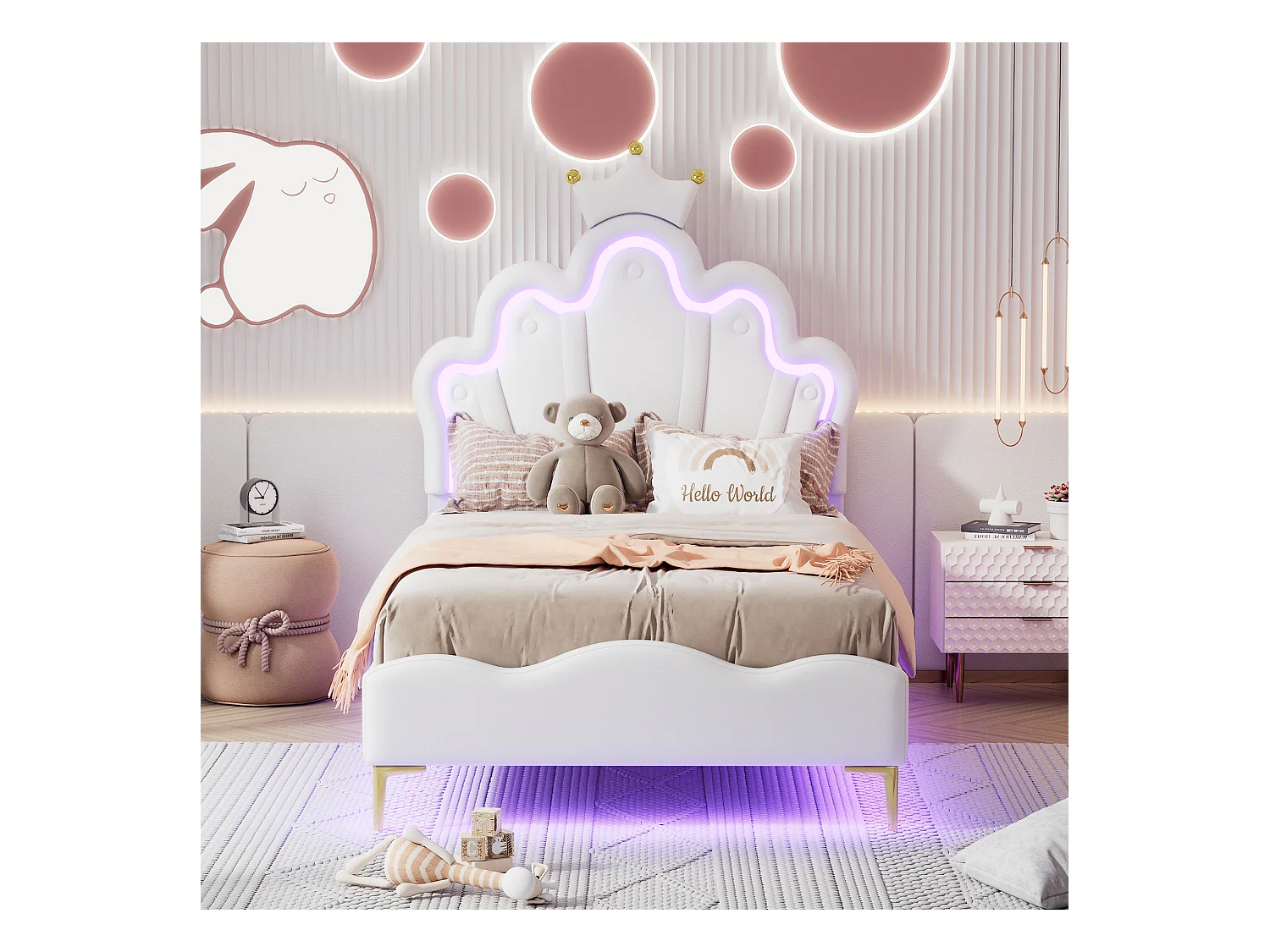 Lit princesse 90x200 cm blanc, tête de lit en forme de couronne, revêtement PU rembourré, bande LED réglable intégrée