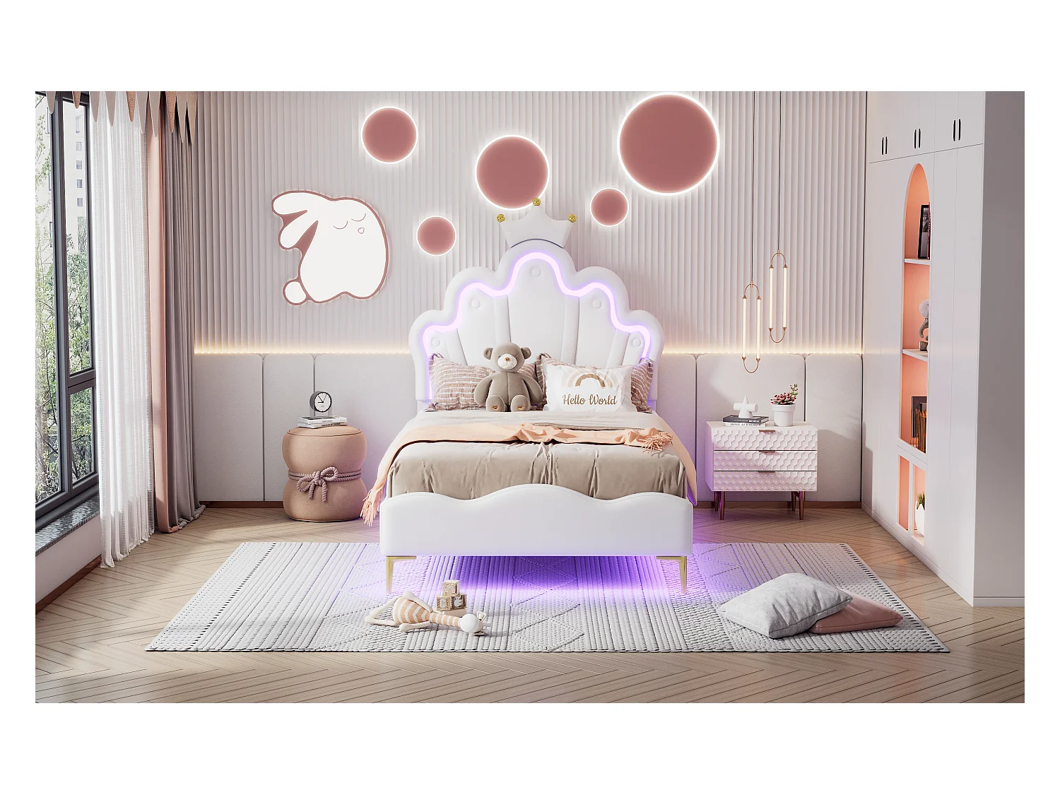 Lit princesse 90x200 cm blanc, tête de lit en forme de couronne, revêtement PU rembourré, bande LED réglable intégrée