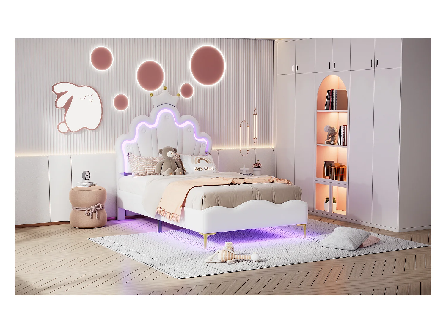 Lit princesse 90x200 cm blanc, tête de lit en forme de couronne, revêtement PU rembourré, bande LED réglable intégrée