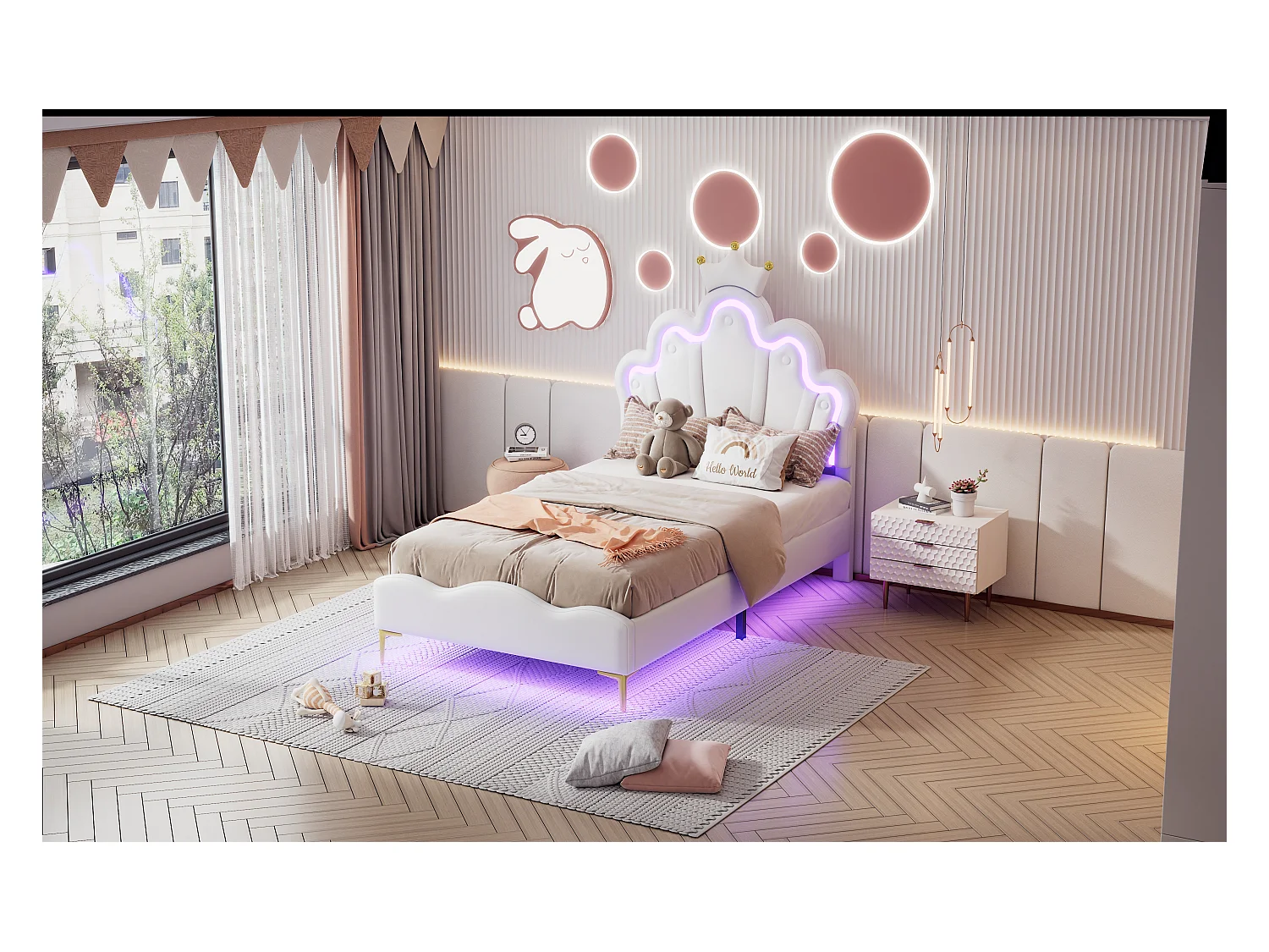 Lit princesse 90x200 cm blanc, tête de lit en forme de couronne, revêtement PU rembourré, bande LED réglable intégrée