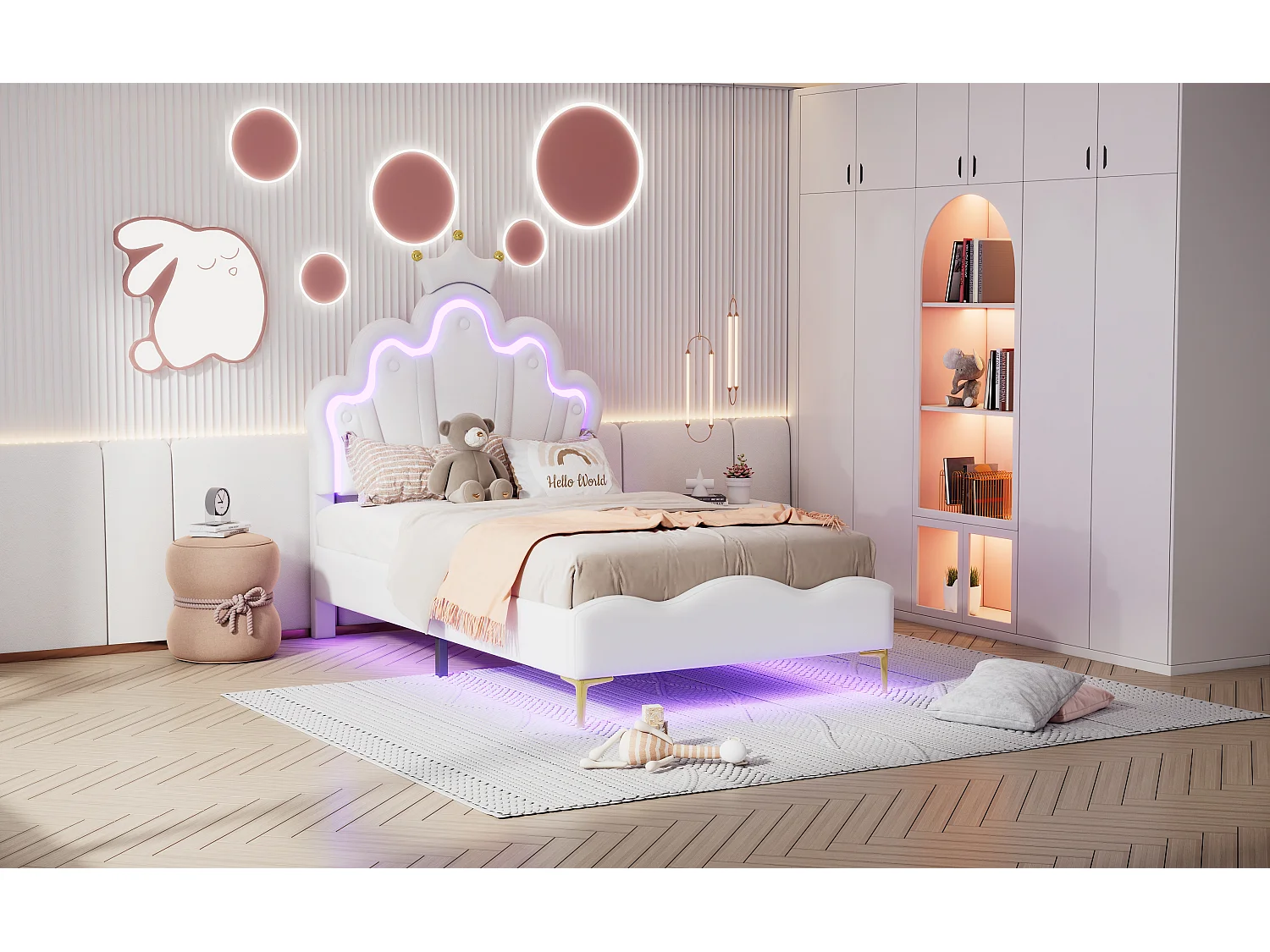 Lit princesse 90x200 cm blanc, tête de lit en forme de couronne, revêtement PU rembourré, bande LED réglable intégrée