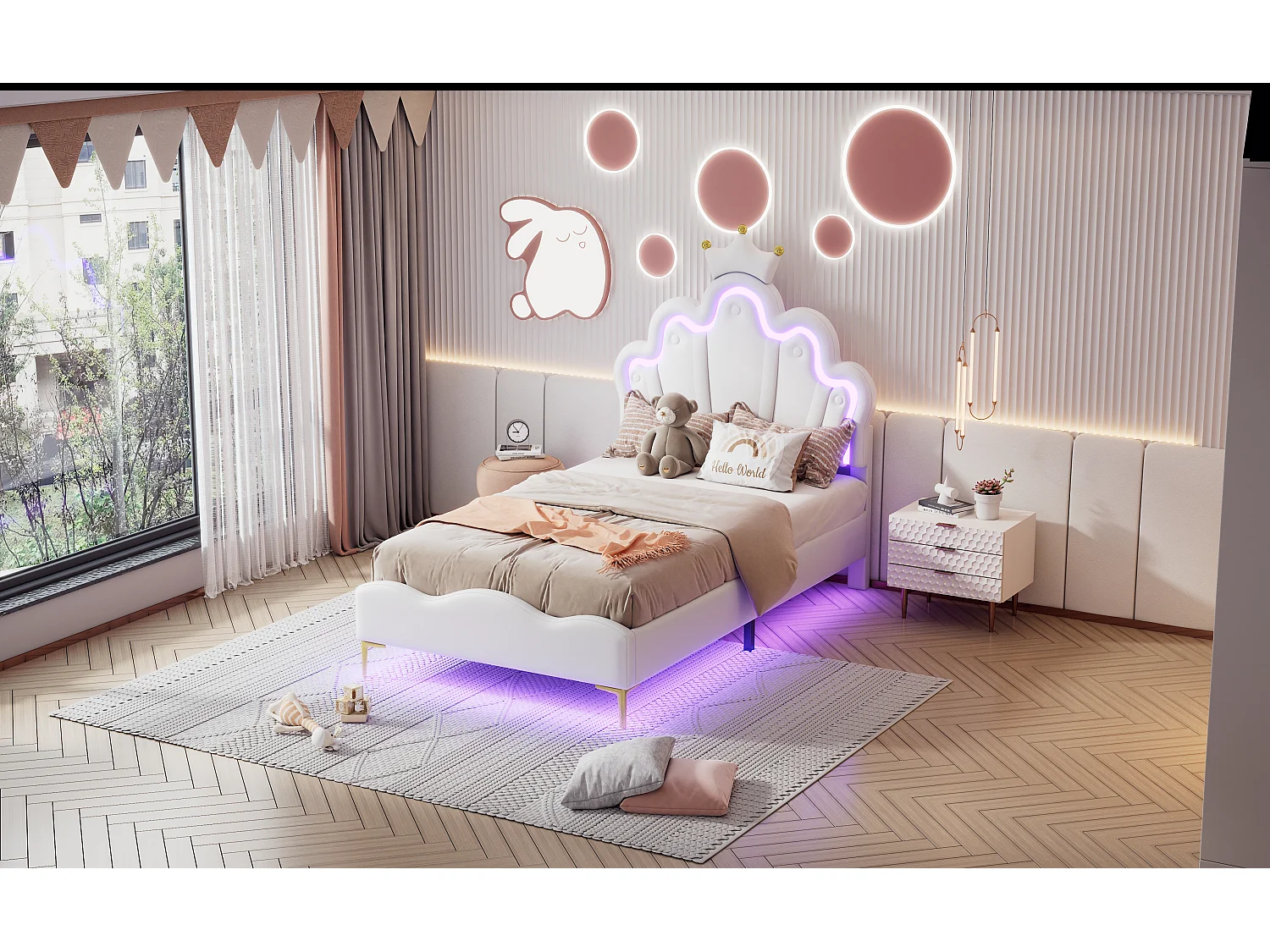 Lit princesse 90x200 cm blanc, tête de lit en forme de couronne, revêtement PU rembourré, bande LED réglable intégrée