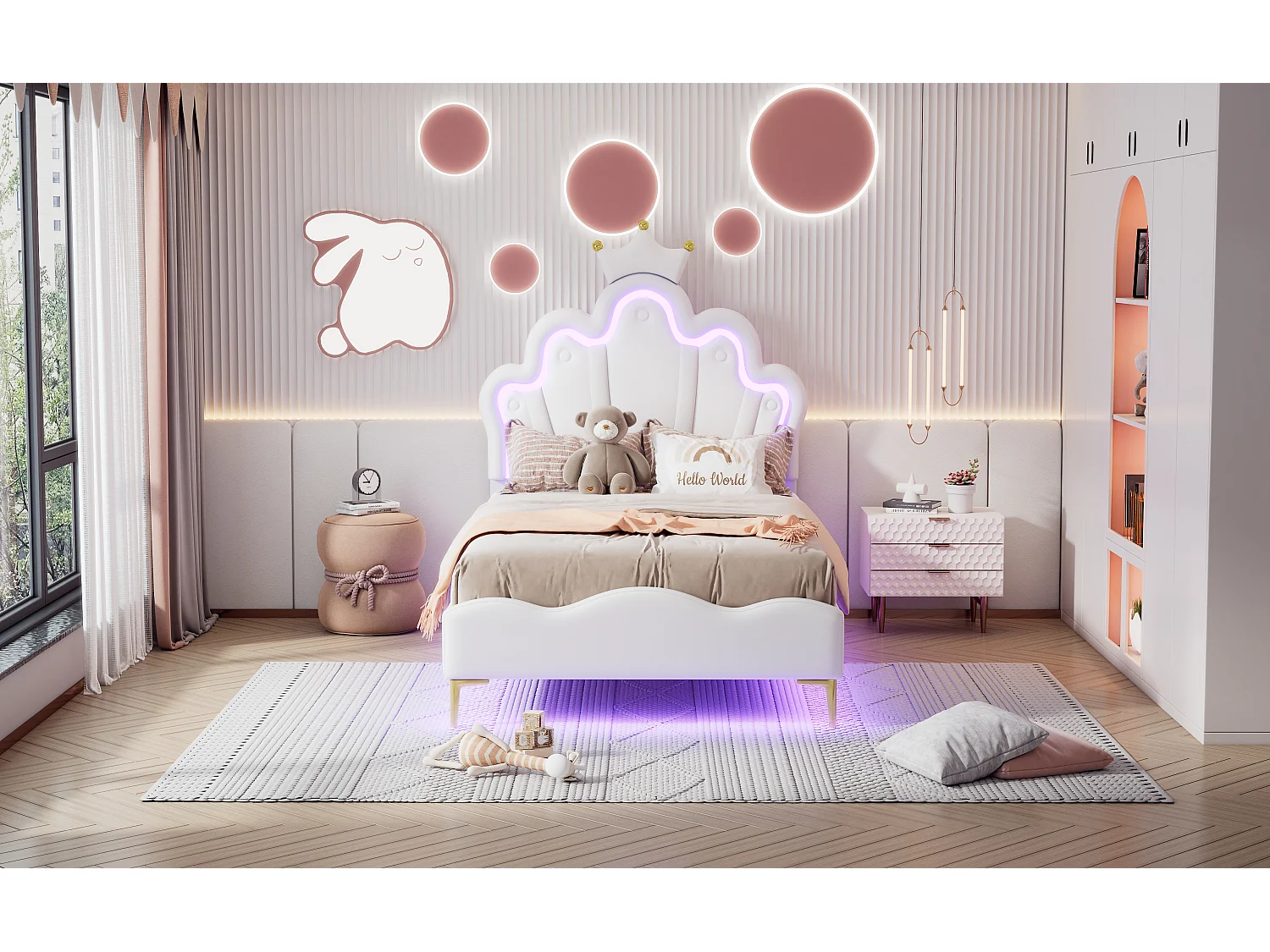 Lit princesse 90x200 cm blanc, tête de lit en forme de couronne, revêtement PU rembourré, bande LED réglable intégrée