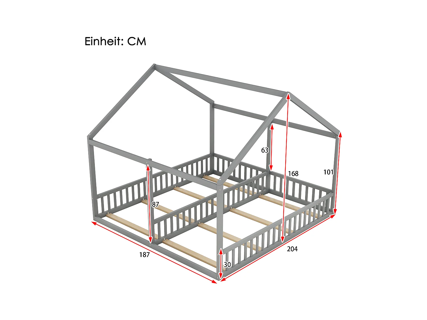 Lit cabane 90x200 cm gris 2-en-1, convertible, style maison, design épuré et structure solide pour enfants