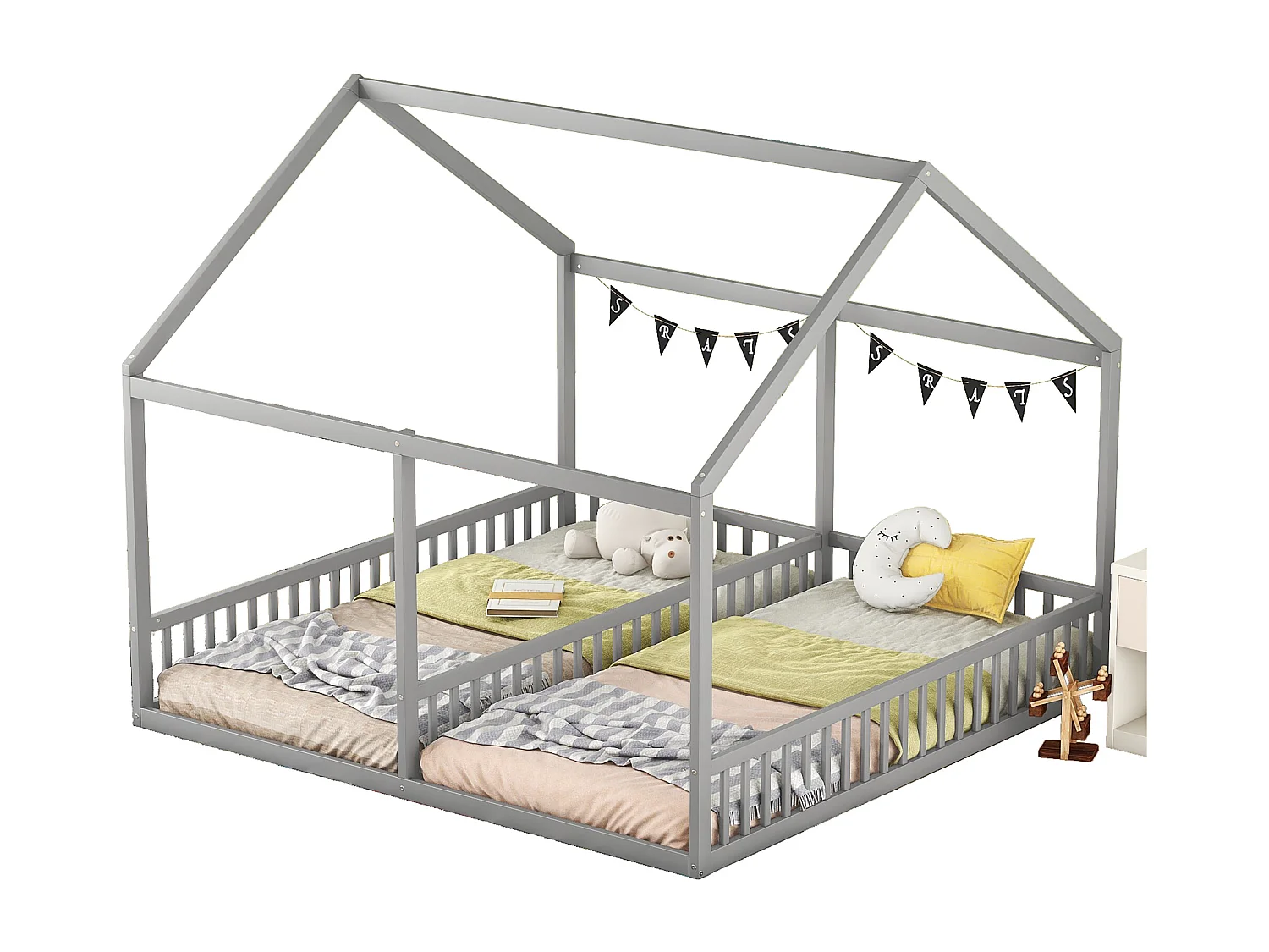 Lit cabane 90x200 cm gris 2-en-1, convertible, style maison, design épuré et structure solide pour enfants