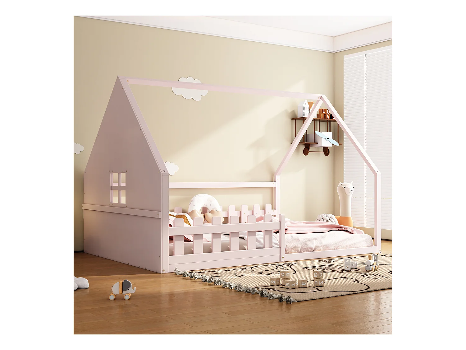 Lit simple 140x200 cm pour enfant, lit en forme de maison avec barrières, bois de pin, Rose