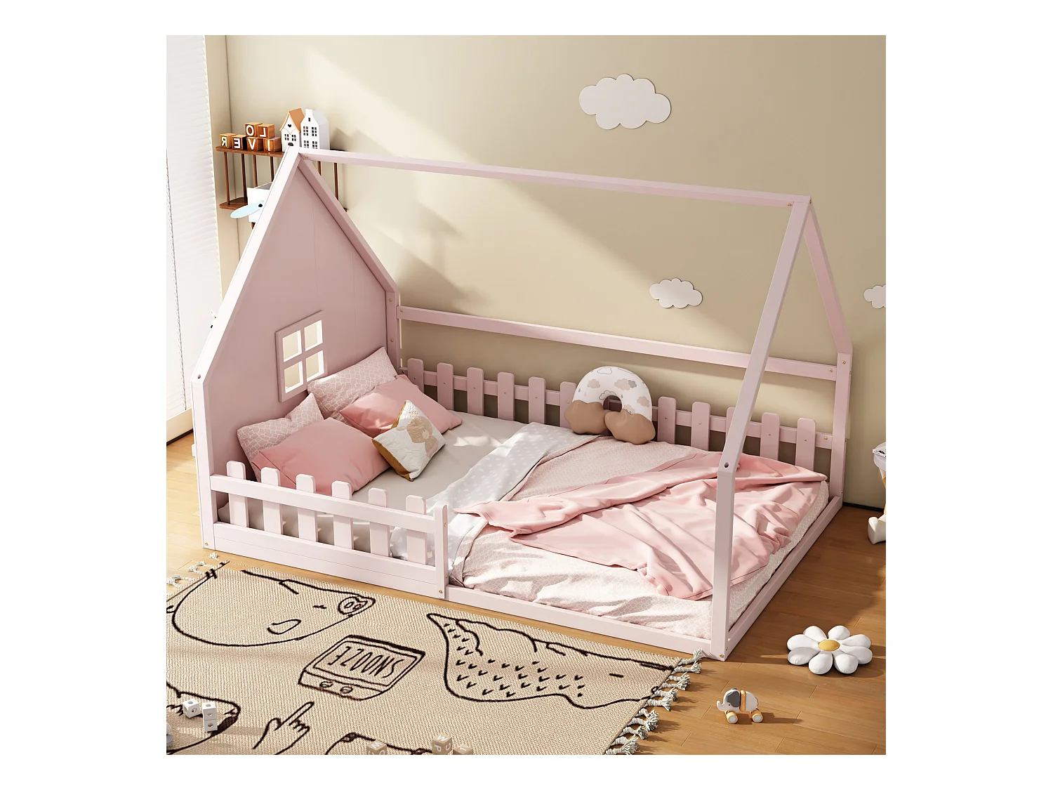 Lit simple 140x200 cm pour enfant, lit en forme de maison avec barrières, bois de pin, Rose