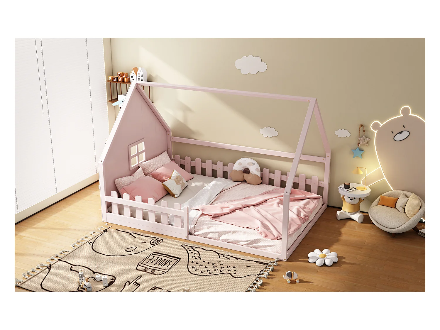 Lit simple 140x200 cm pour enfant, lit en forme de maison avec barrières, bois de pin, Rose