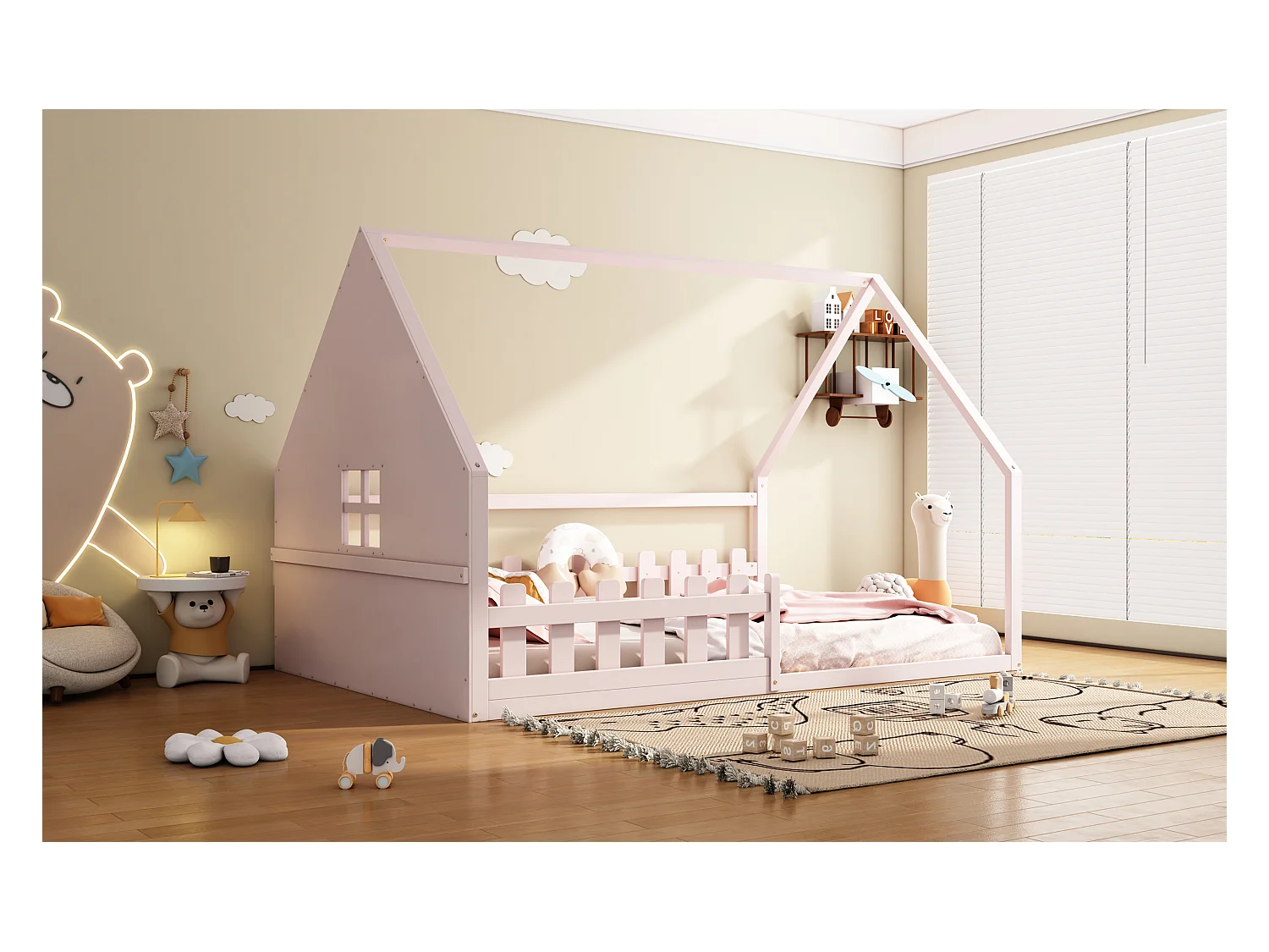 Lit simple 140x200 cm pour enfant, lit en forme de maison avec barrières, bois de pin, Rose