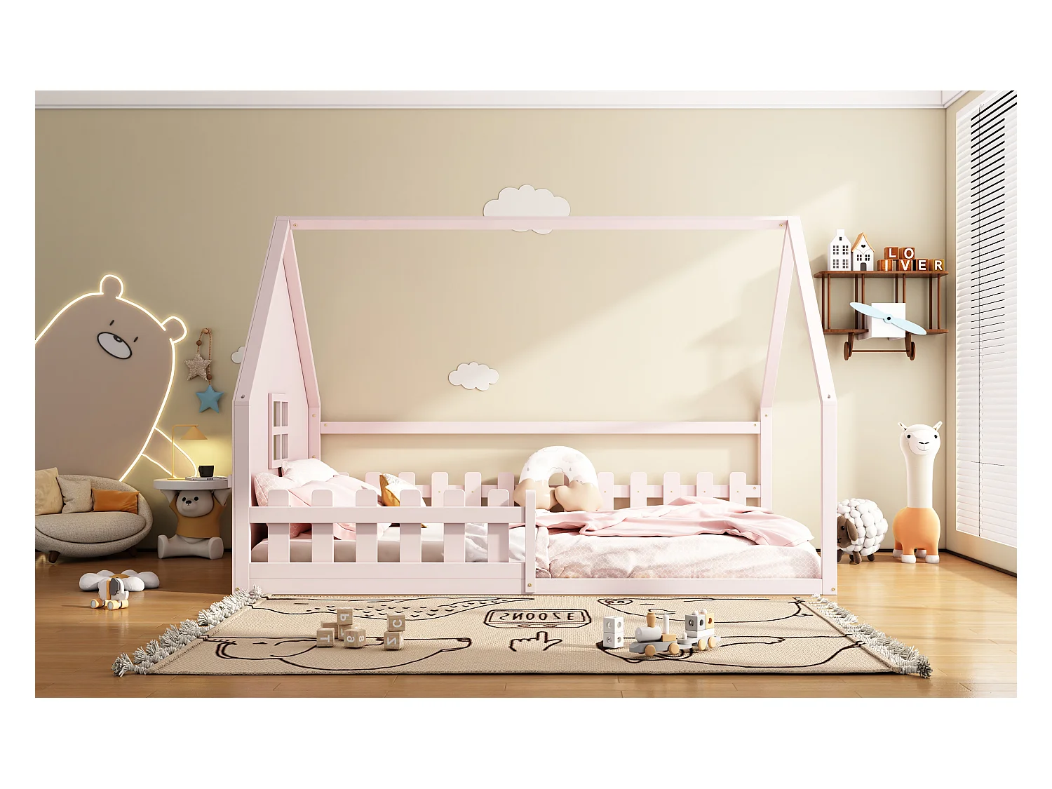 Lit simple 140x200 cm pour enfant, lit en forme de maison avec barrières, bois de pin, Rose