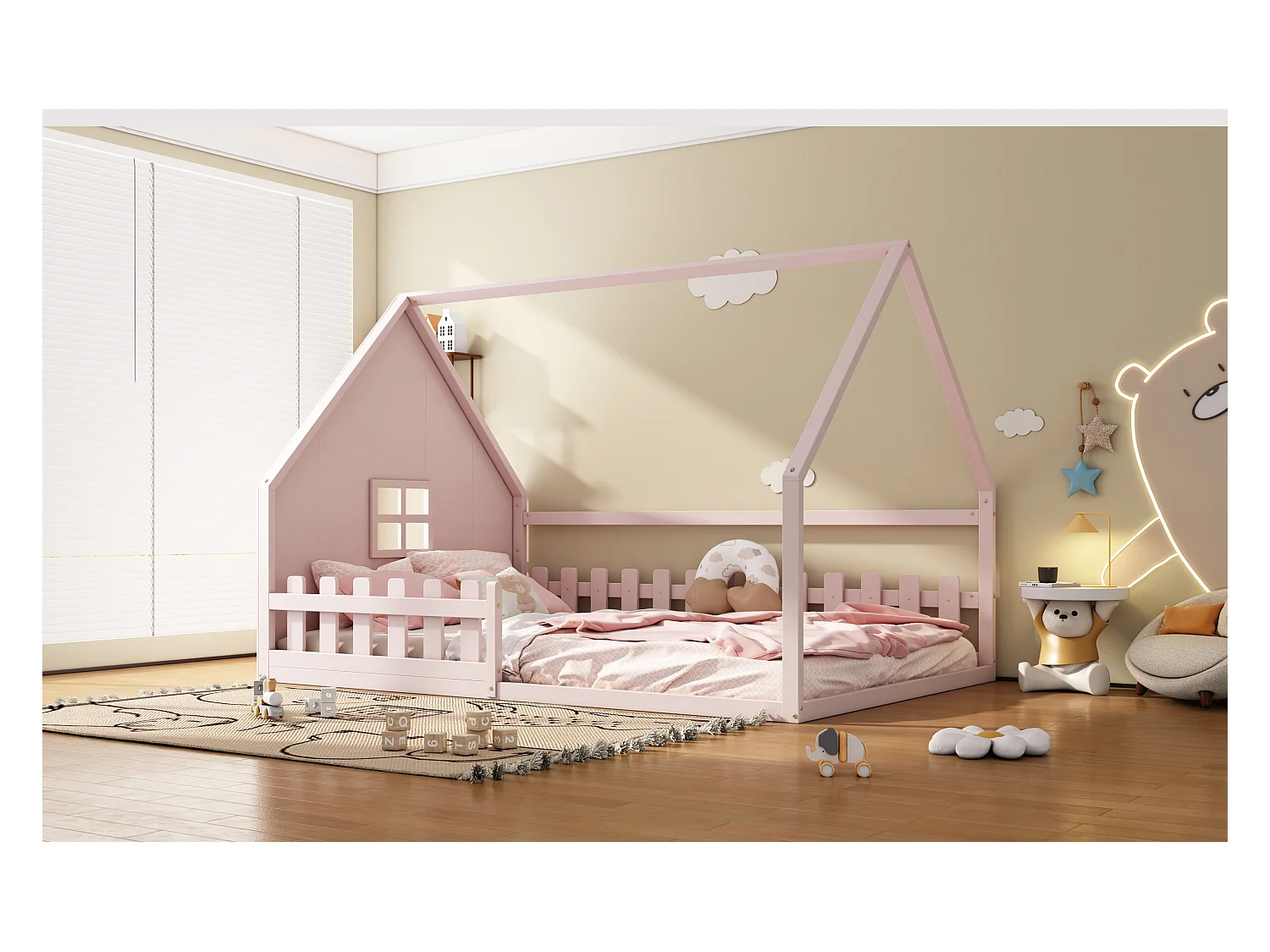 Lit simple 140x200 cm pour enfant, lit en forme de maison avec barrières, bois de pin, Rose