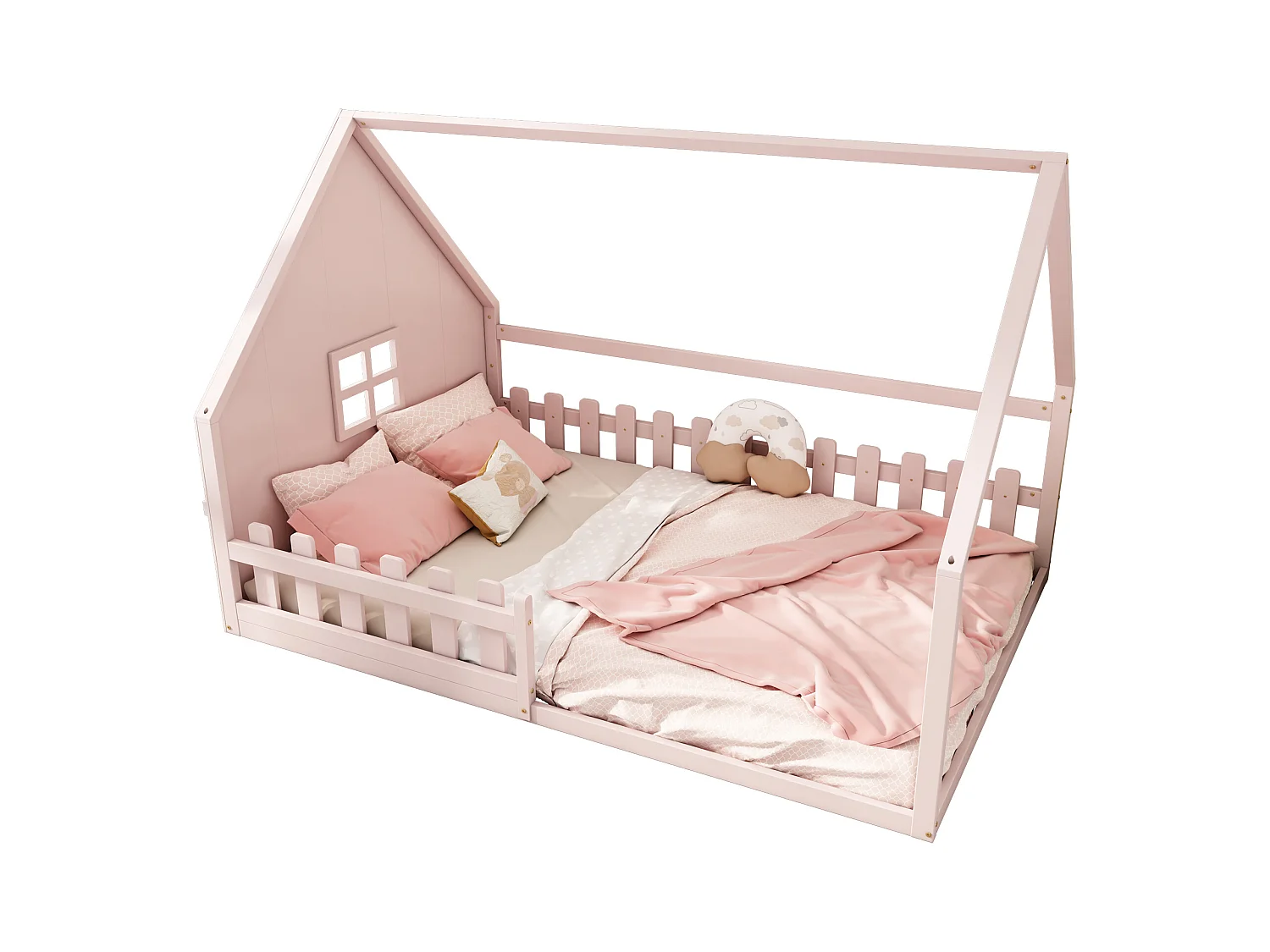 Lit simple 140x200 cm pour enfant, lit en forme de maison avec barrières, bois de pin, Rose