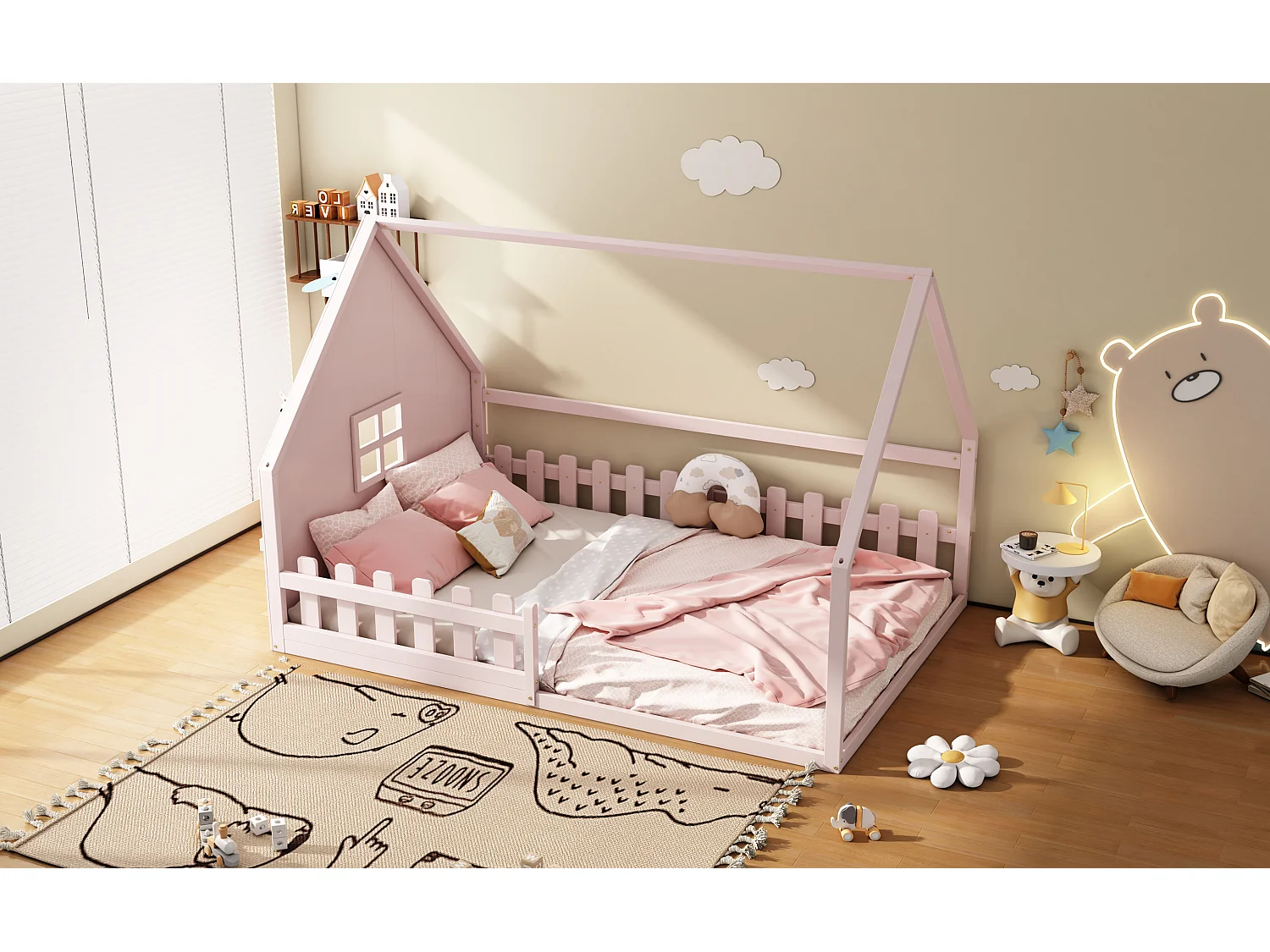 Lit simple 140x200 cm pour enfant, lit en forme de maison avec barrières, bois de pin, Rose