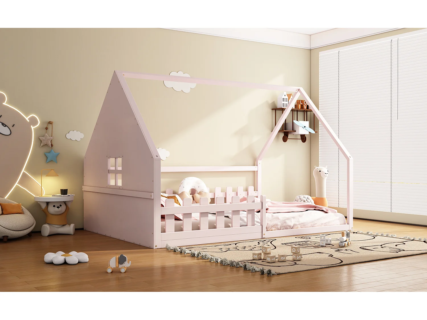 Lit simple 140x200 cm pour enfant, lit en forme de maison avec barrières, bois de pin, Rose