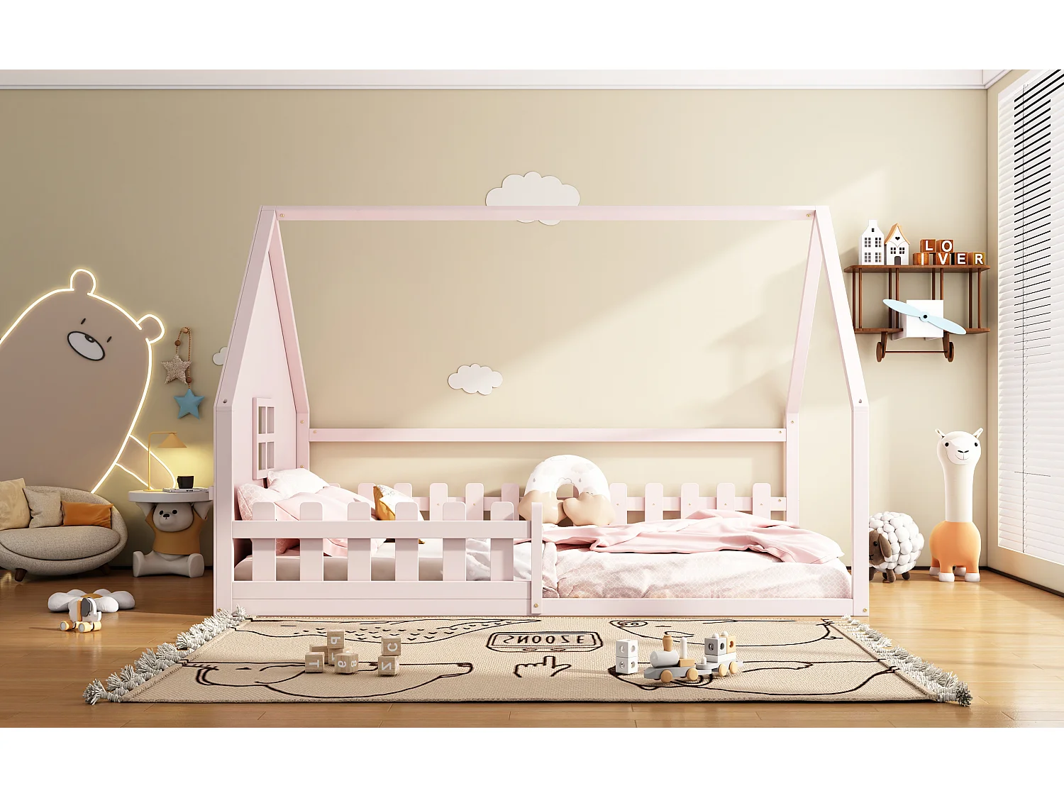 Lit simple 140x200 cm pour enfant, lit en forme de maison avec barrières, bois de pin, Rose