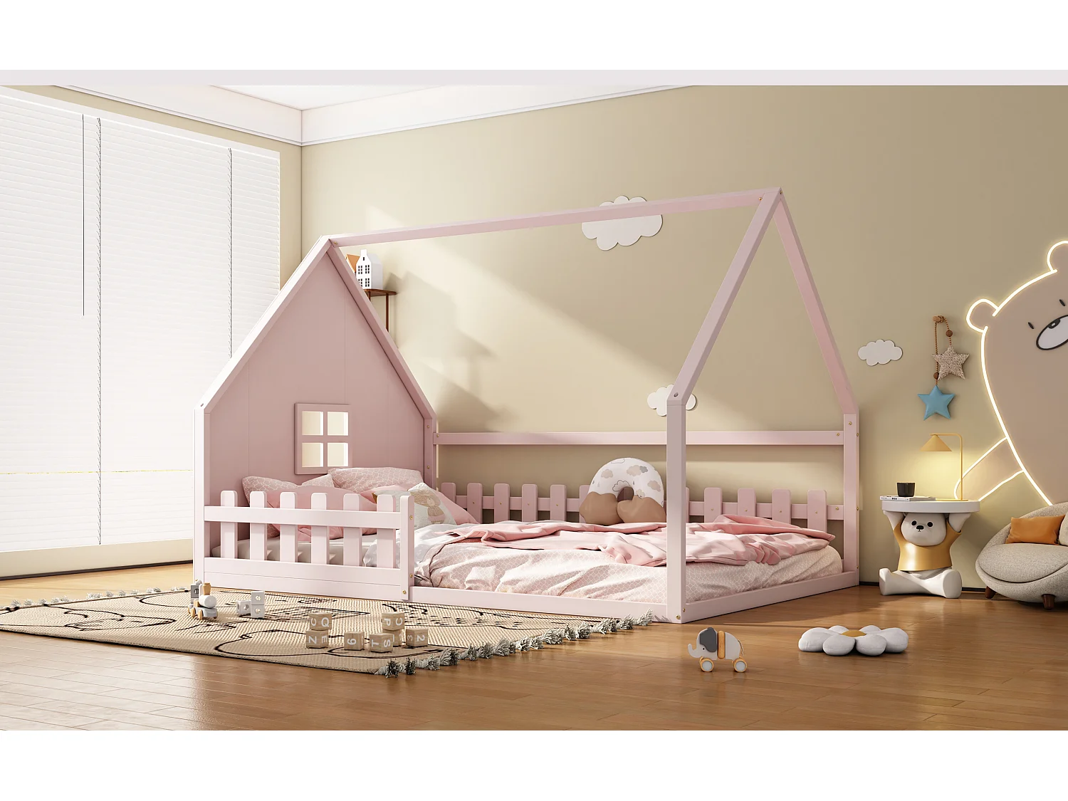 Lit simple 140x200 cm pour enfant, lit en forme de maison avec barrières, bois de pin, Rose