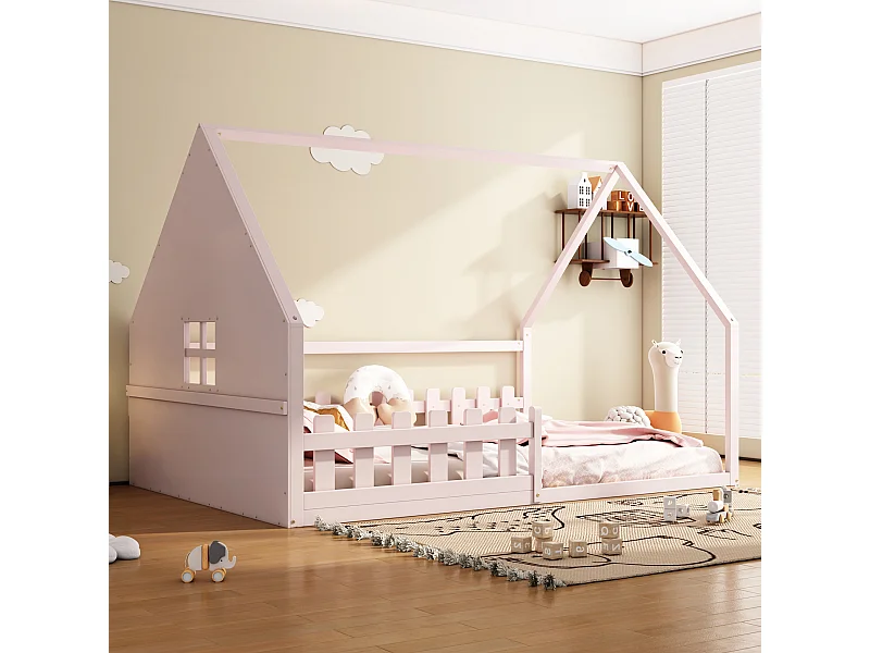 Lit simple 140x200 cm pour enfant, lit en forme de maison avec barrières, bois de pin, Rose