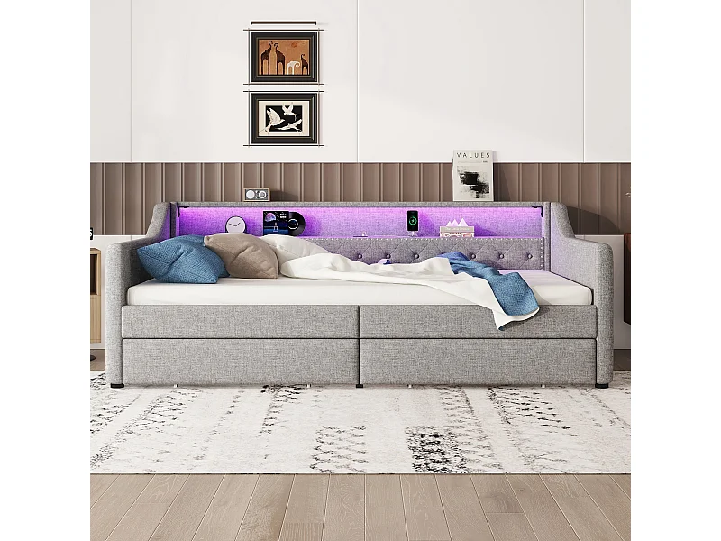 Lit banquette 90x200 cm gris avec LED d’ambiance, télécommande, ports USB, deux tiroirs et structure en lin