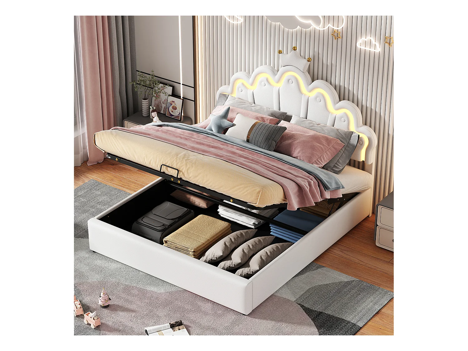 Lit double 140x200 cm, lit rembourré princesse, tête de lit avec bande lumineuse ajustable, couronne, Blanc