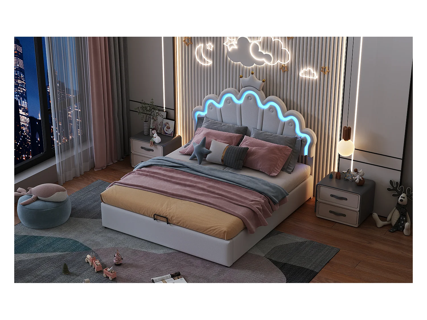 Lit double 140x200 cm, lit rembourré princesse, tête de lit avec bande lumineuse ajustable, couronne, Blanc