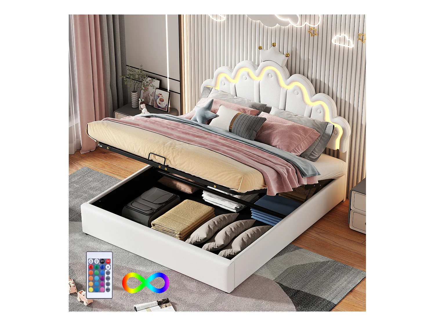 Lit double 140x200 cm, lit rembourré princesse, tête de lit avec bande lumineuse ajustable, couronne, Blanc