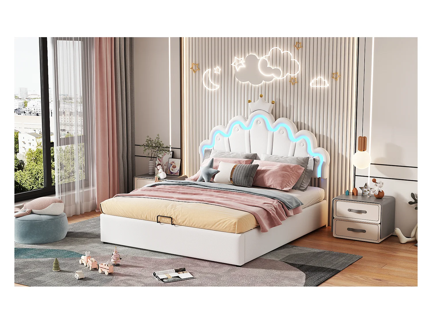 Lit double 140x200 cm, lit rembourré princesse, tête de lit avec bande lumineuse ajustable, couronne, Blanc