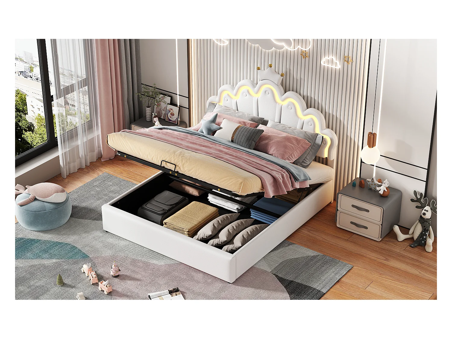 Lit double 140x200 cm, lit rembourré princesse, tête de lit avec bande lumineuse ajustable, couronne, Blanc