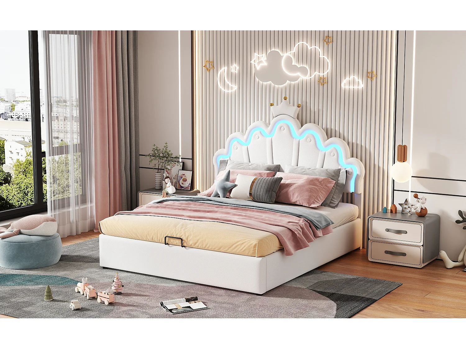 Lit double 140x200 cm, lit rembourré princesse, tête de lit avec bande lumineuse ajustable, couronne, Blanc